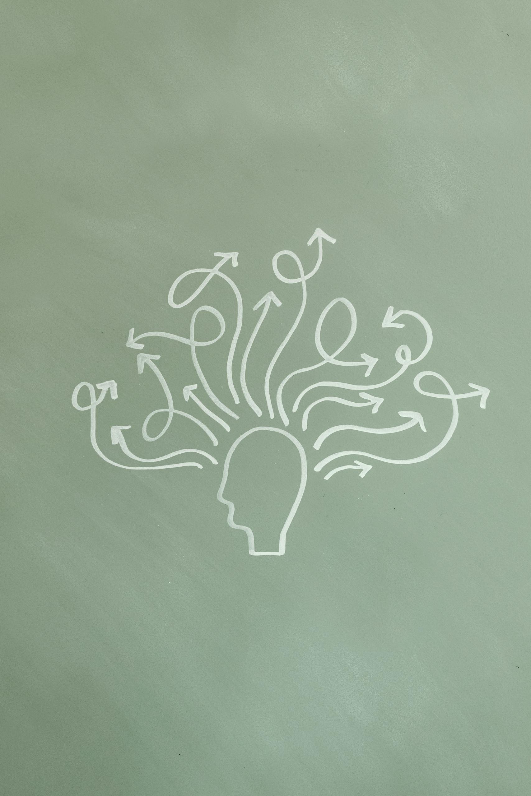 Abstract illustration symbolizing mental health and ADHD awareness with arrows representing thoughts.